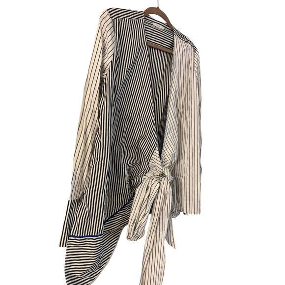 Tome Women’s 100% Cotton Blouse Top Striped Asymmetrical Long Sleeve Tie large - Picture 2 of 7